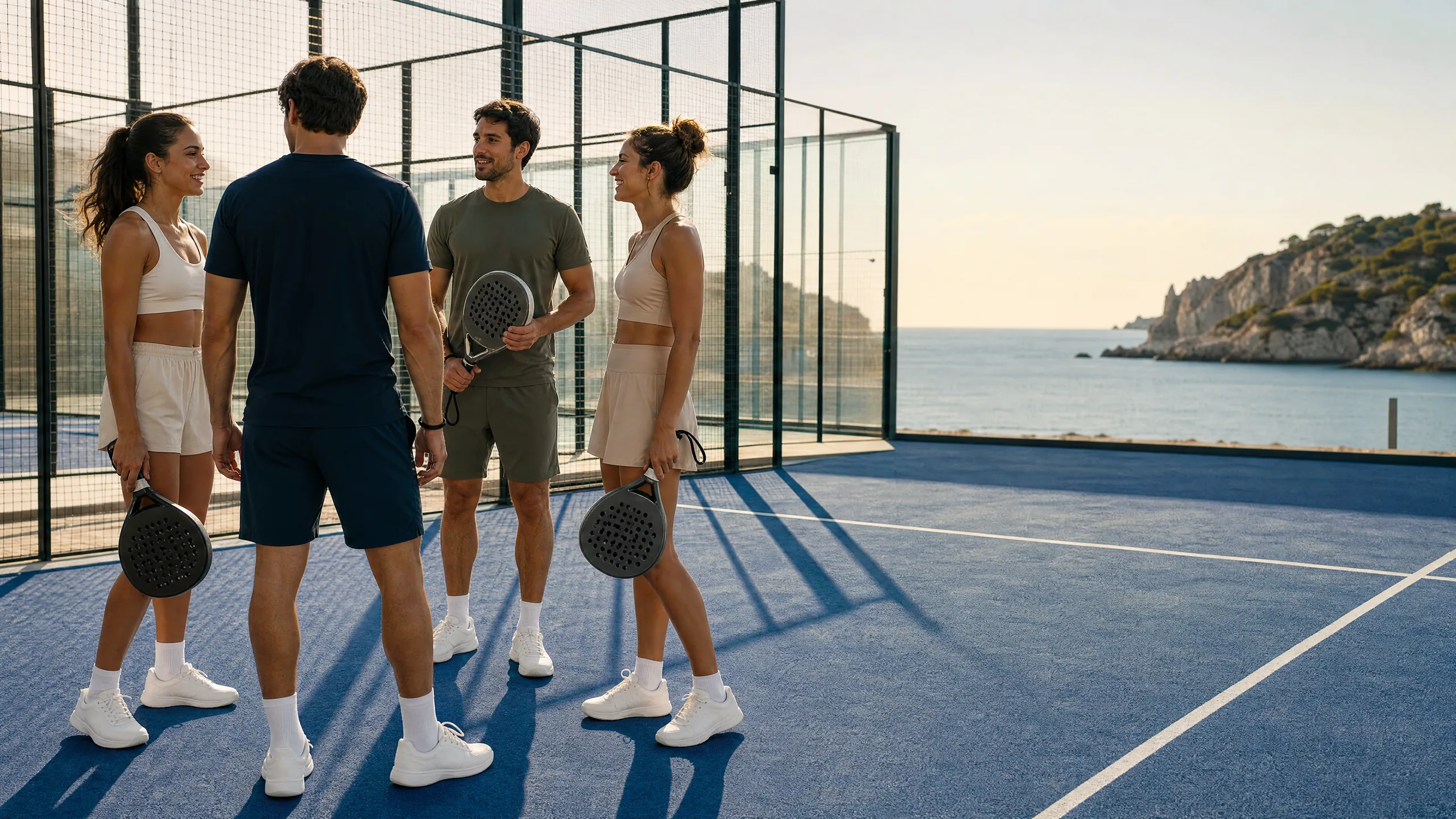 Four Costa Egea players on a coastal padel court at golden hour