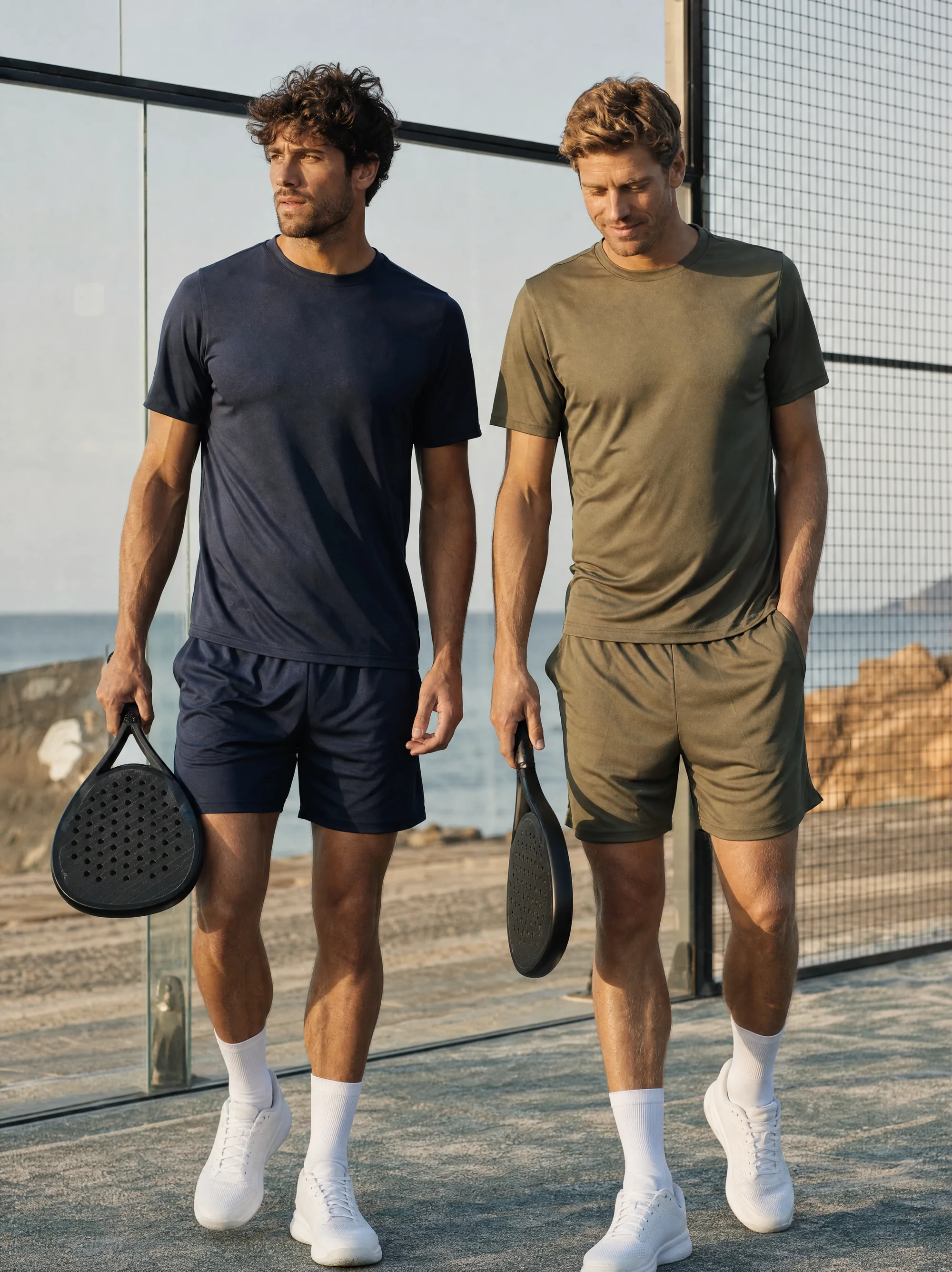 Two players walking past the court glass in navy and olive
