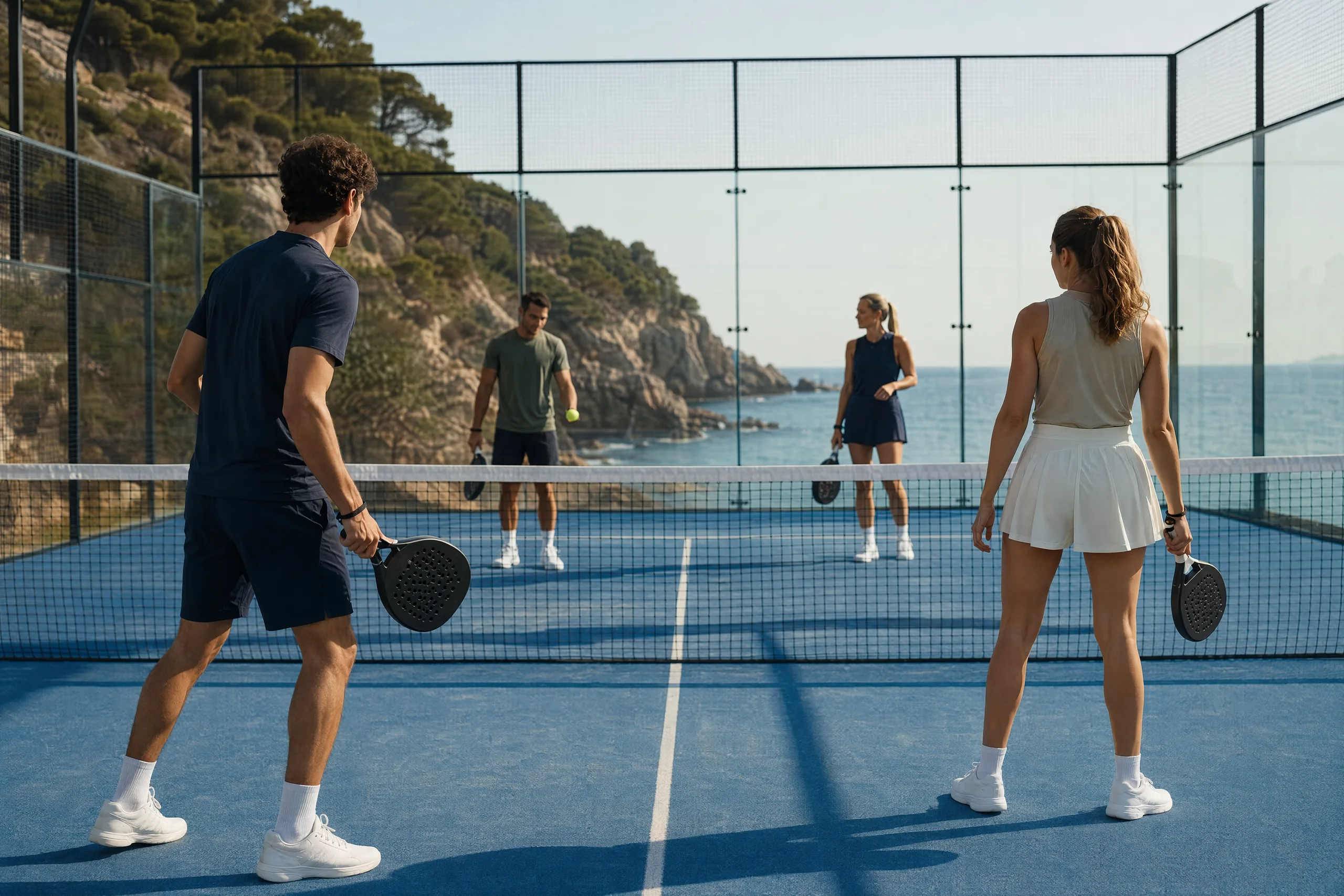Doubles point on a coastal padel court, four players across the glass