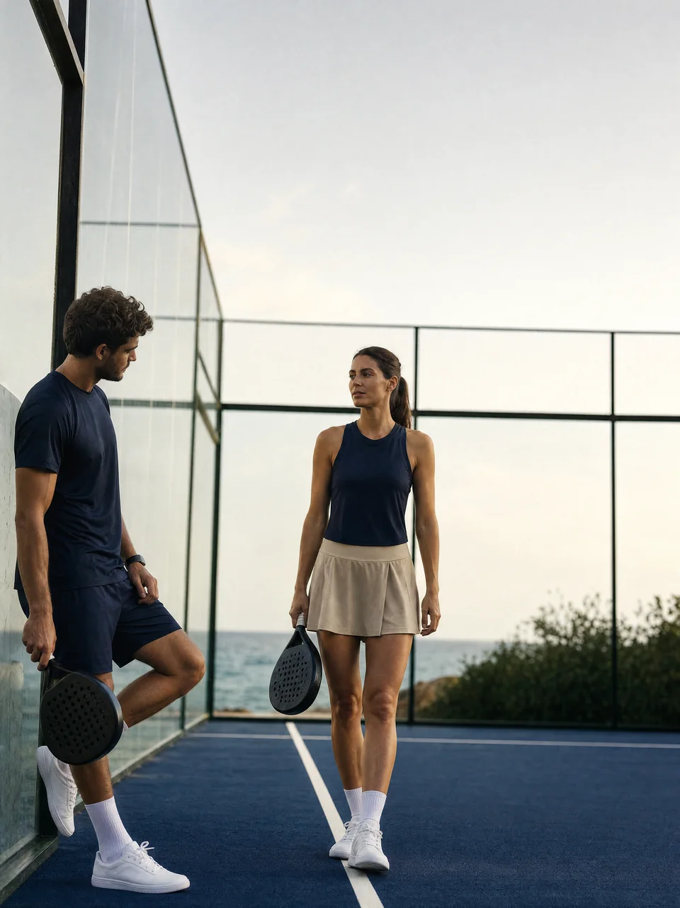 Two players pausing at the edge of a Mediterranean padel court