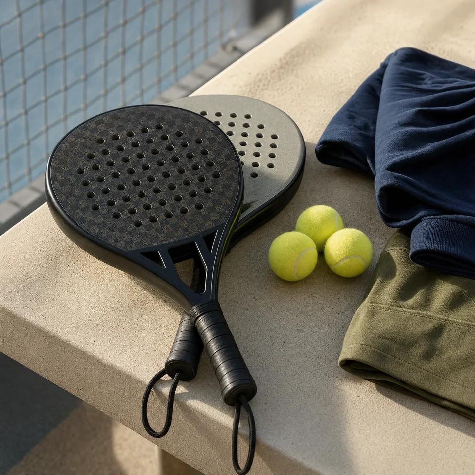 Padel paddles, balls and folded garments on a court-side bench