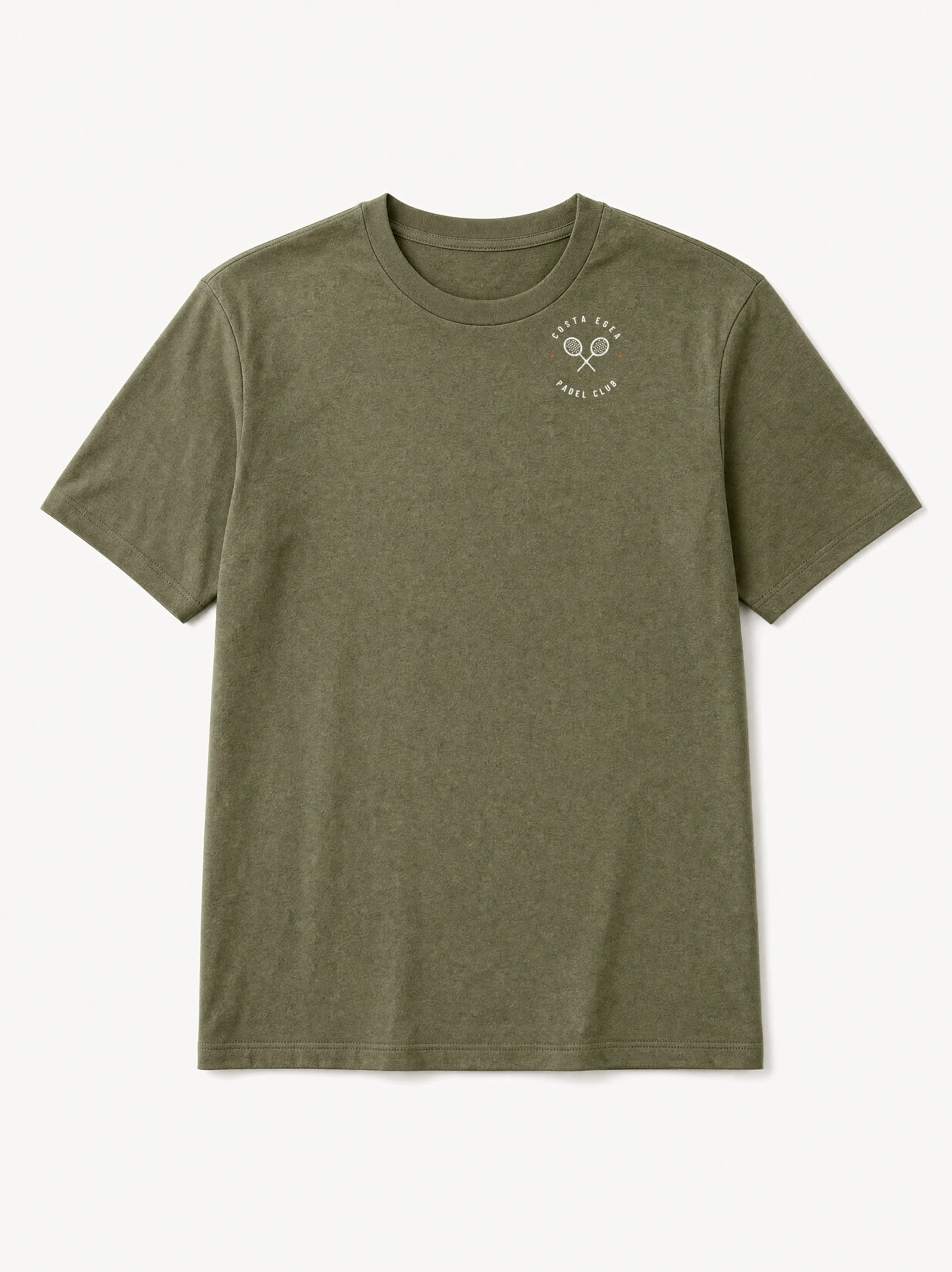 Palms & Game Tee in olive, front with the Costa Egea crest