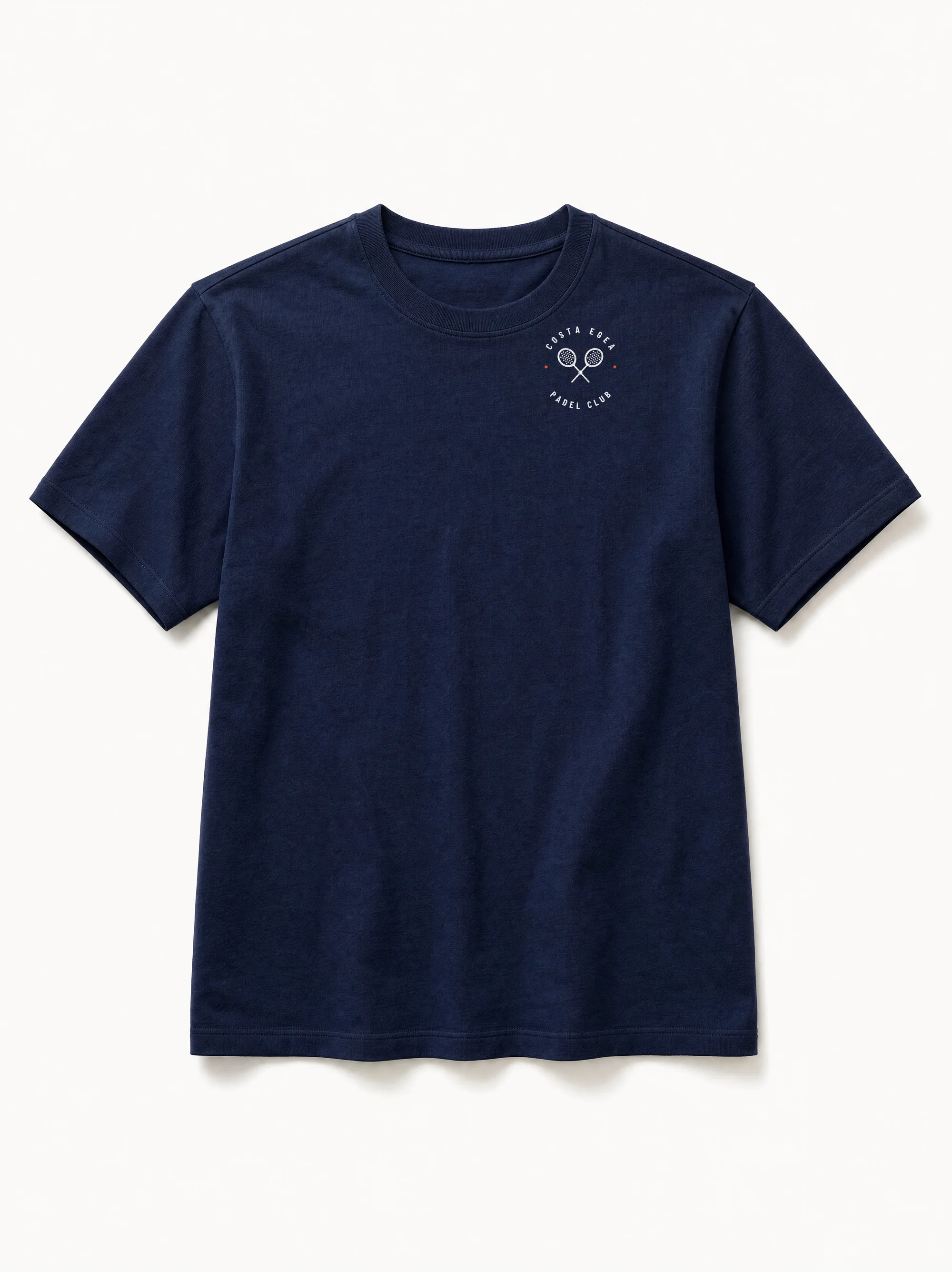 Rally Crew Tee in Aegean navy, front with the Costa Egea crest