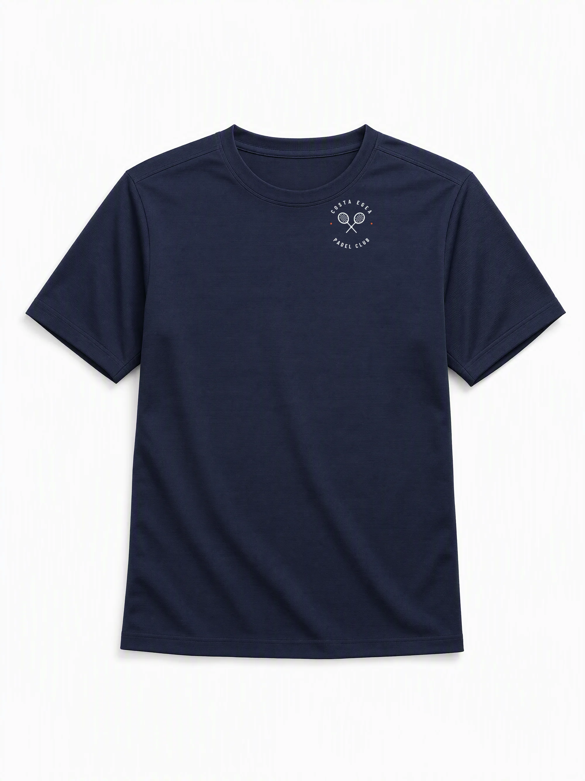 Tech Tee in navy, front with the Costa Egea crest