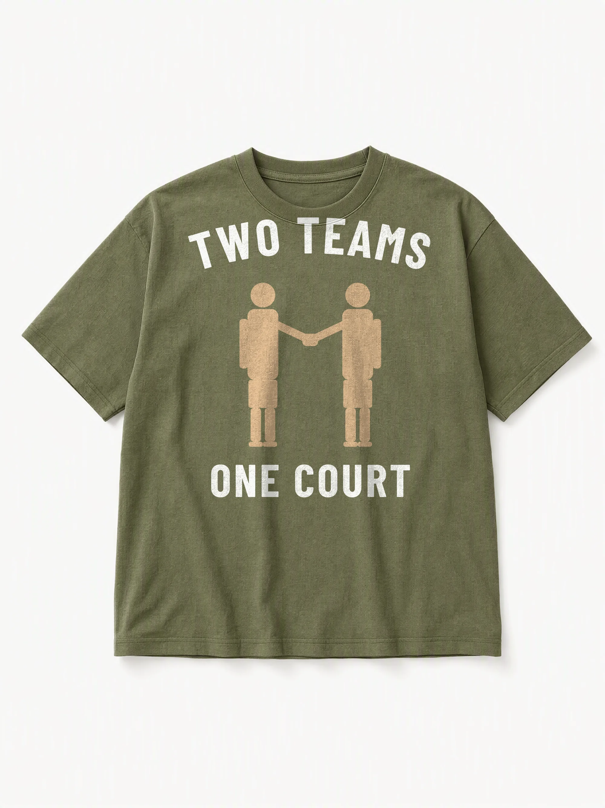 Two Teams / One Court Tee in olive, front print